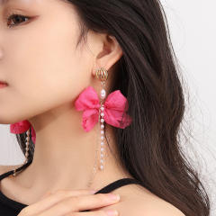 Elegant sweet fabric bow tassel dangle earrings for women