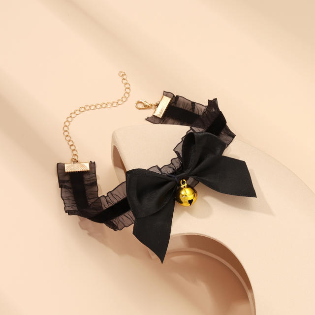 Lolita black bow gold bell sexy choker necklace