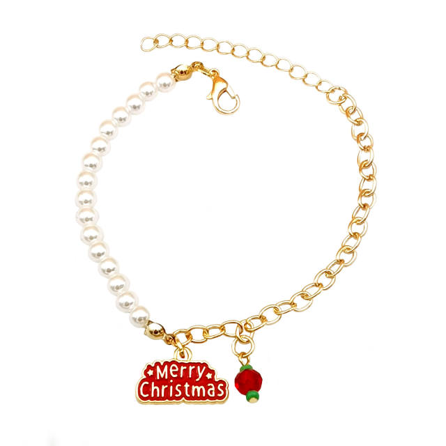 Christmas series enamel charm faux pearl bead bracelet