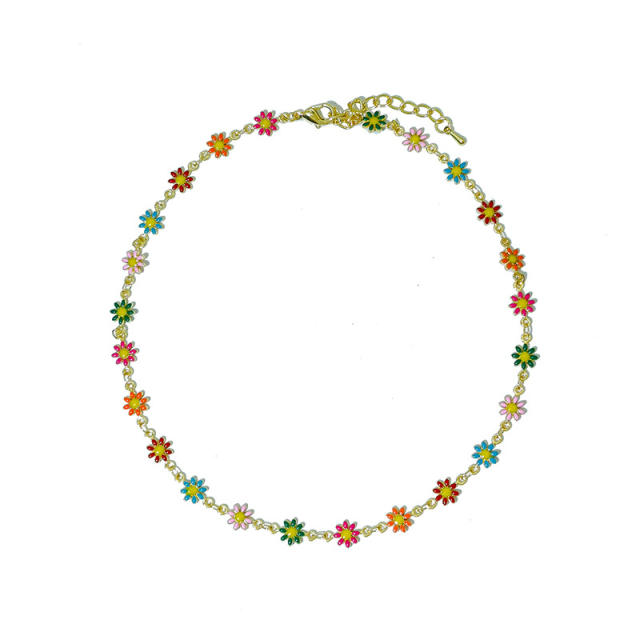 Y2K fresh green color seed bead enamel daisy flower choker necklace