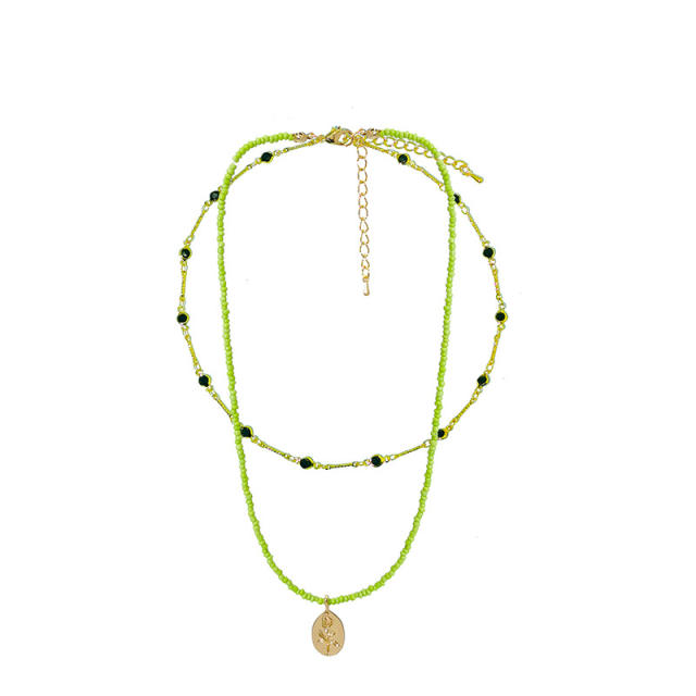 Summer fresh green color seed bead gold charm choker necklace