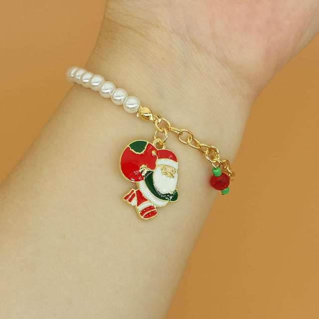 Christmas series enamel charm faux pearl bead bracelet