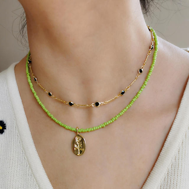 Summer fresh green color seed bead gold charm choker necklace