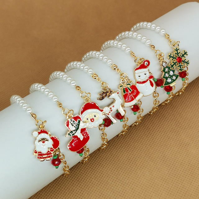 2023 cute color enamel charm faux pearl bead christmas bracelet