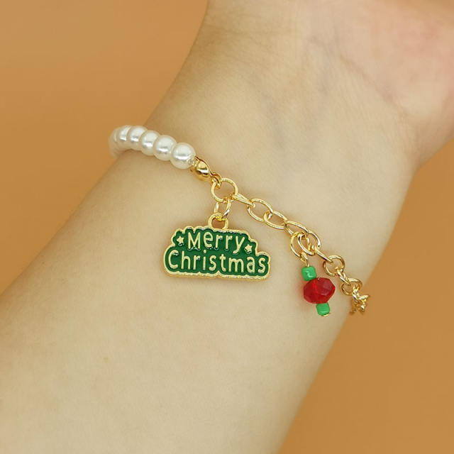 Christmas series enamel charm faux pearl bead bracelet