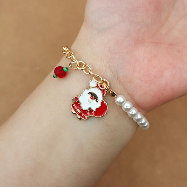 2023 cute color enamel charm faux pearl bead christmas bracelet