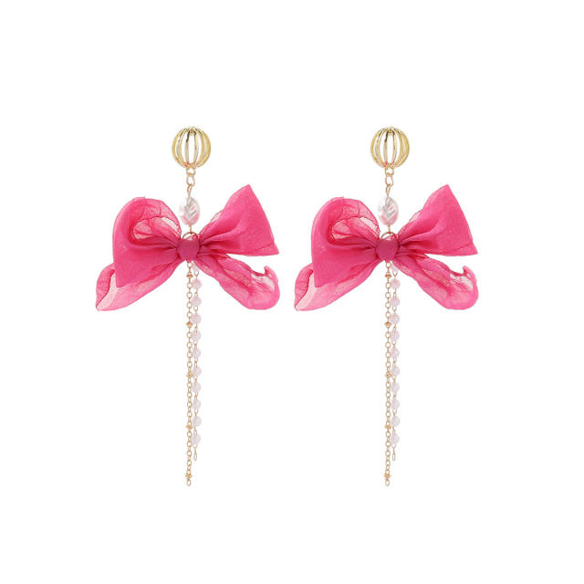 Elegant sweet fabric bow tassel dangle earrings for women