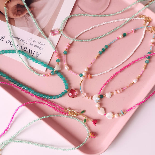 Y2K ins pink color water pearl beaded choker necklace