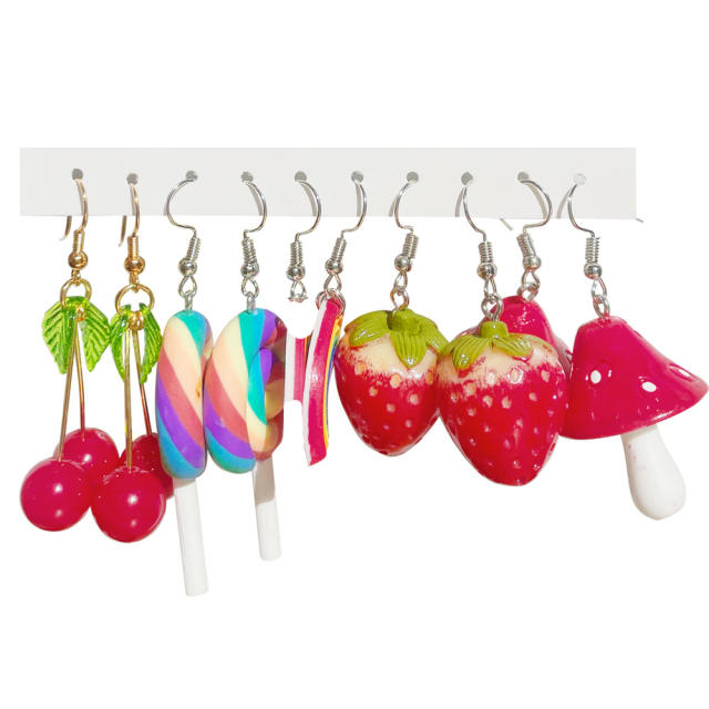 Sweet cartoon mushroom strawberry resin earrings set