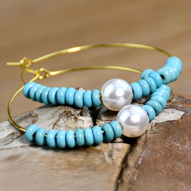 Summer boho turquoise bead pearl hoop earrings