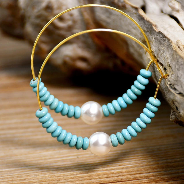 Summer boho turquoise bead pearl hoop earrings