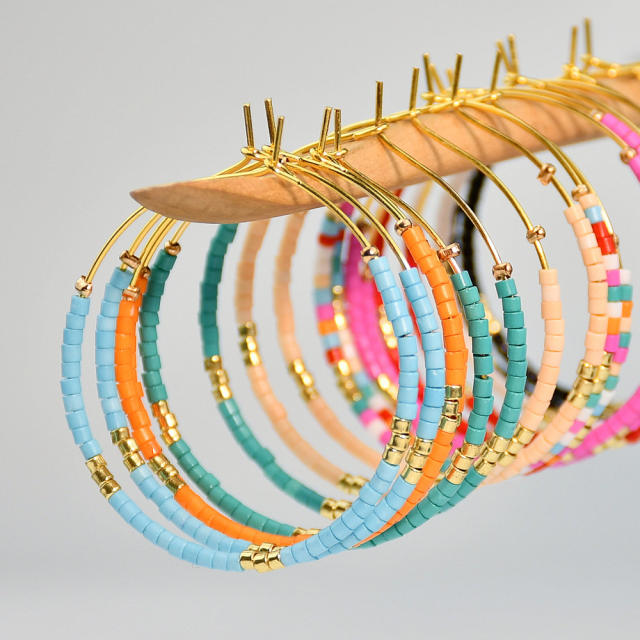 Boho colorful seed bead big hoop earrings for women