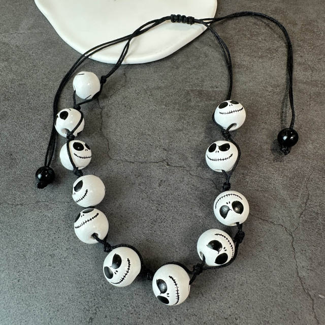 Halloween wood skull head necklace set