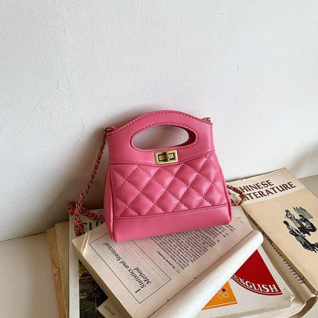 Sweet Plain color PU leather quilted chain bag for child