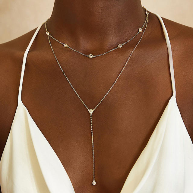 Delicate dainty cubic zircon two layer lariats necklace