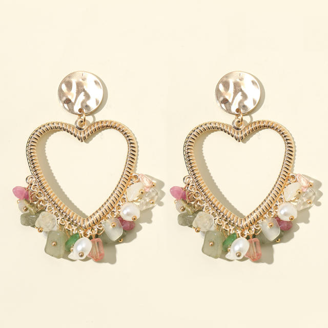 Chunky vintage hollow heart crystal stone tassel earrings