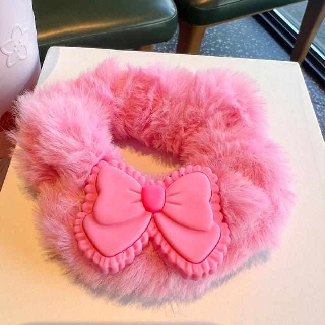 Large size sweet pink color bow fluffy scrunchies