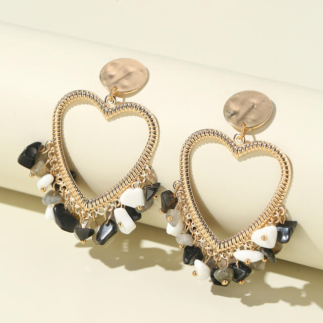 Chunky vintage hollow heart crystal stone tassel earrings
