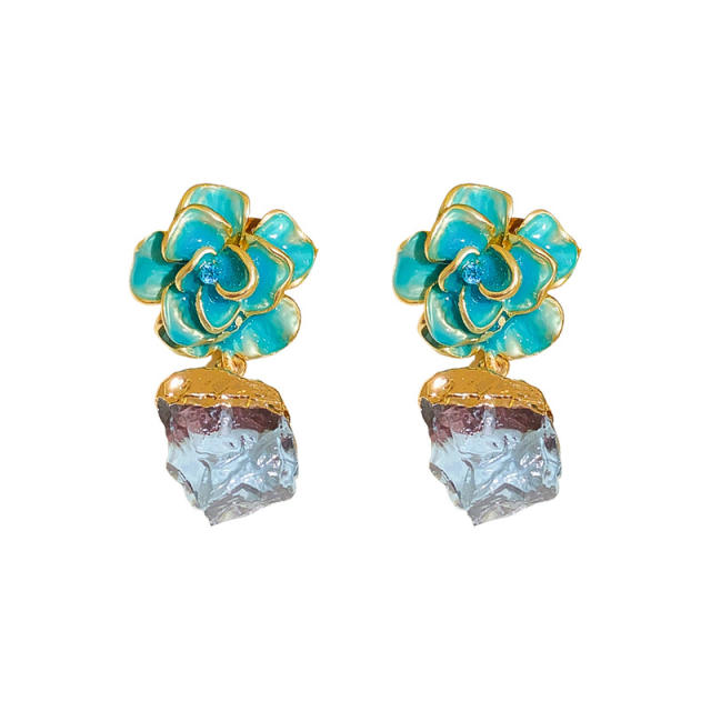 925 needle enamel flower blue color acrylic stone earrings