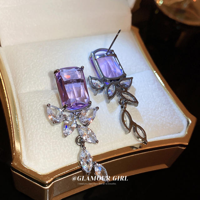 925 needle amethyst diamond leaf statement earrings