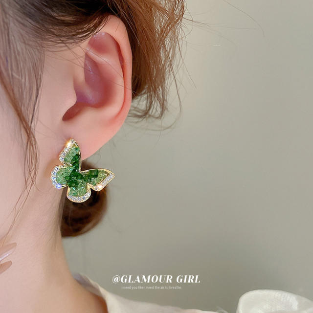 Fresh green color crystal butterfly studs earrings