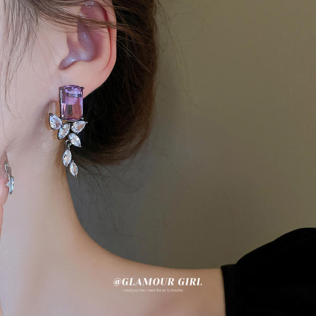 925 needle amethyst diamond leaf statement earrings