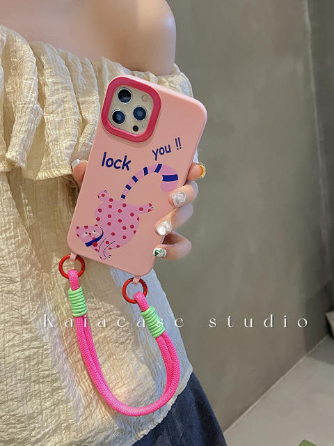 Creative funny pink cartoon phone case with strap for iphone