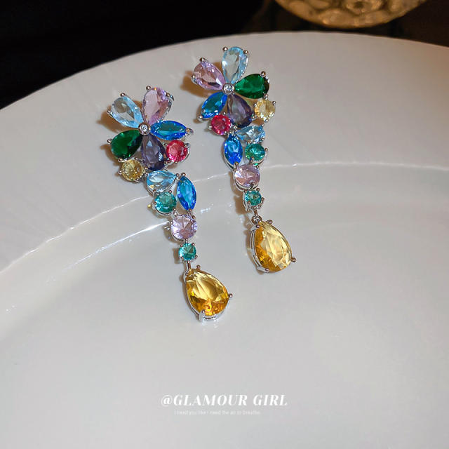 925 needle colorful crystal stone flower dangle earrings
