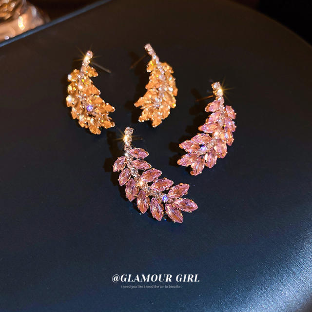 Delicate yellow pink cubic zircon leaf design earrings