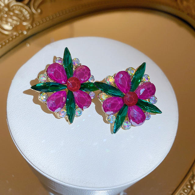 Vintage rose red cubic zircon flower shape studs earrings