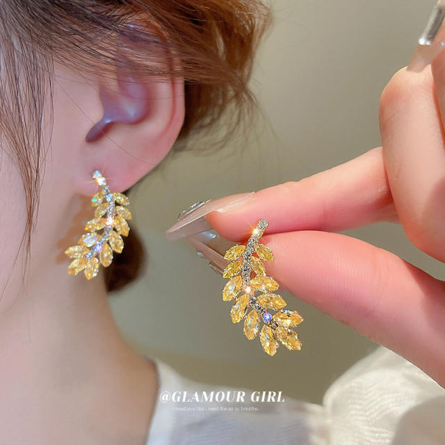 Delicate yellow pink cubic zircon leaf design earrings