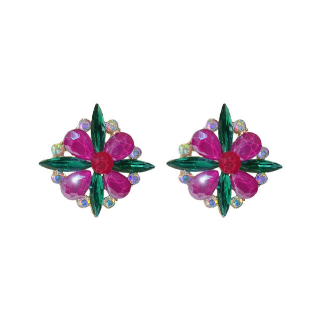 Vintage rose red cubic zircon flower shape studs earrings