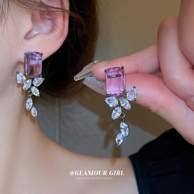 925 needle amethyst diamond leaf statement earrings