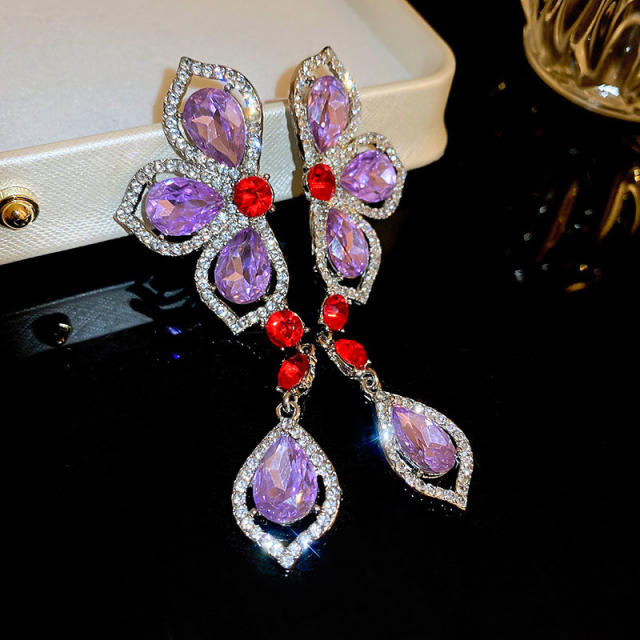 925 needle color crystal stone flower dangle earrings