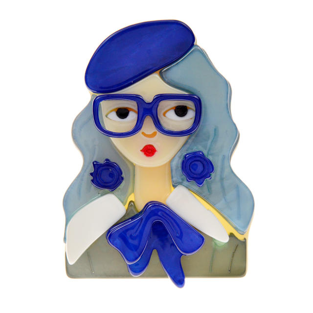 Cute long hair girl acrylic brooch