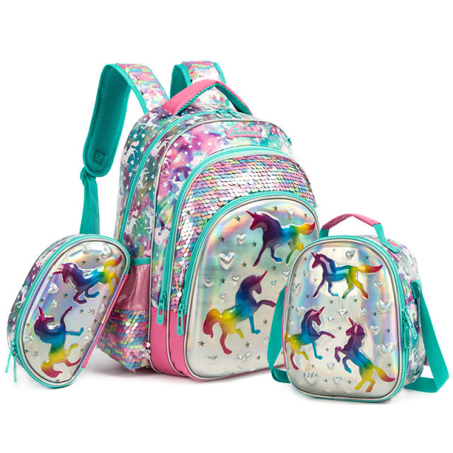 3pcs set cute gilter unicon school bag lunch bag pencil case