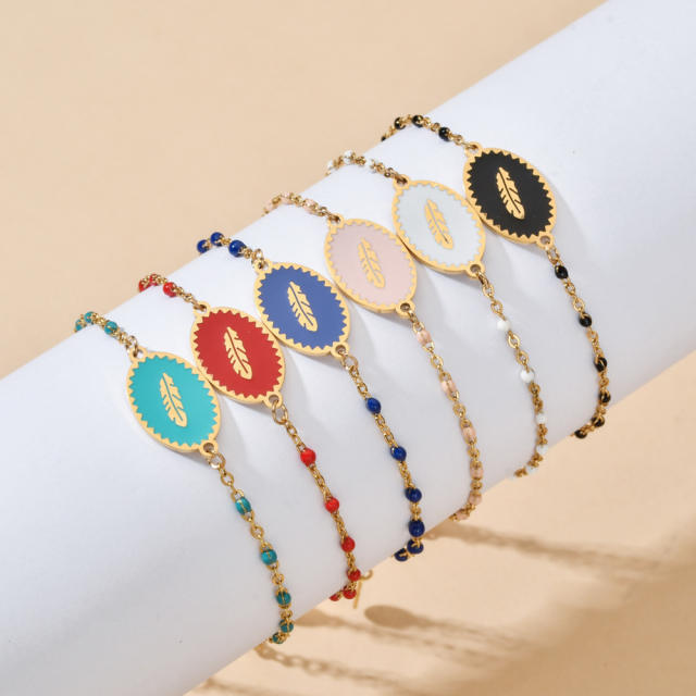 Boho colorful enamel natural feather stainless steel bracelet