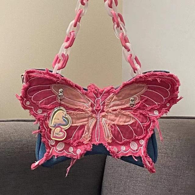 Creative pink butterfly denim material arcylic chain crossbody bag