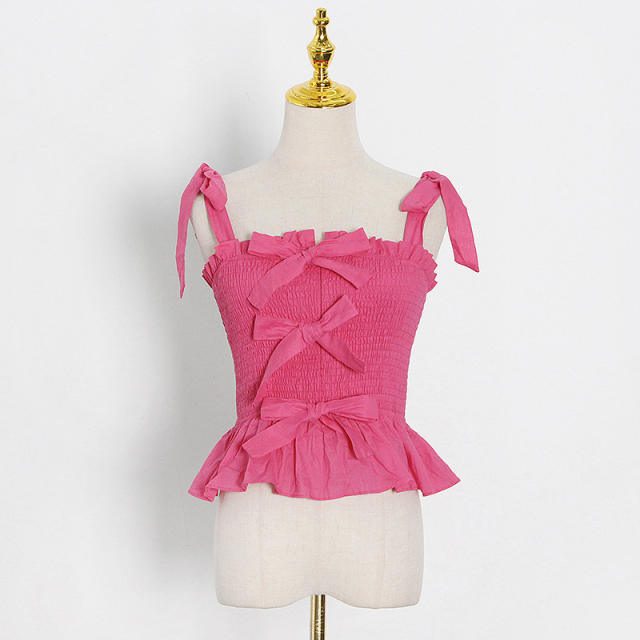 Sexy sweet pink yellow color bow smocked slip tops