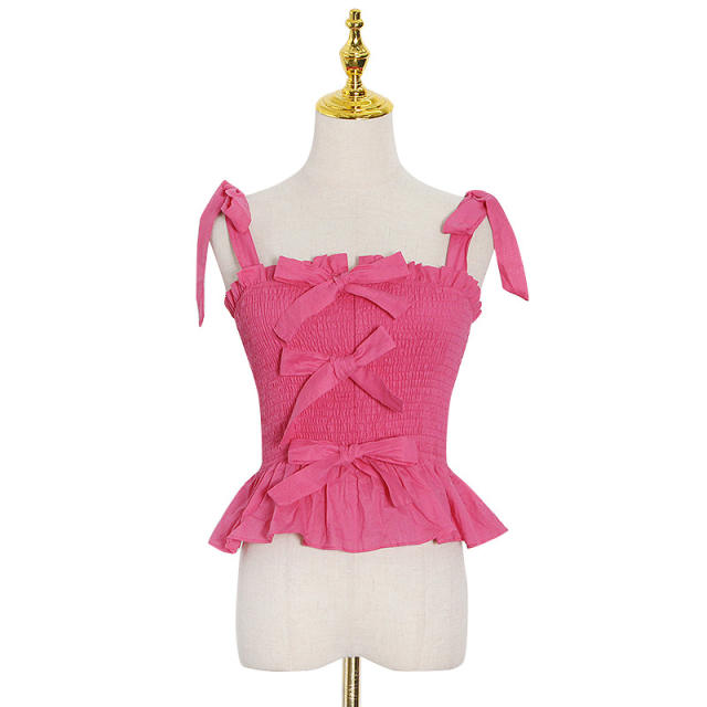 Sexy sweet pink yellow color bow smocked slip tops