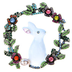 Cute enamel colorful rabbit flower crown brooch