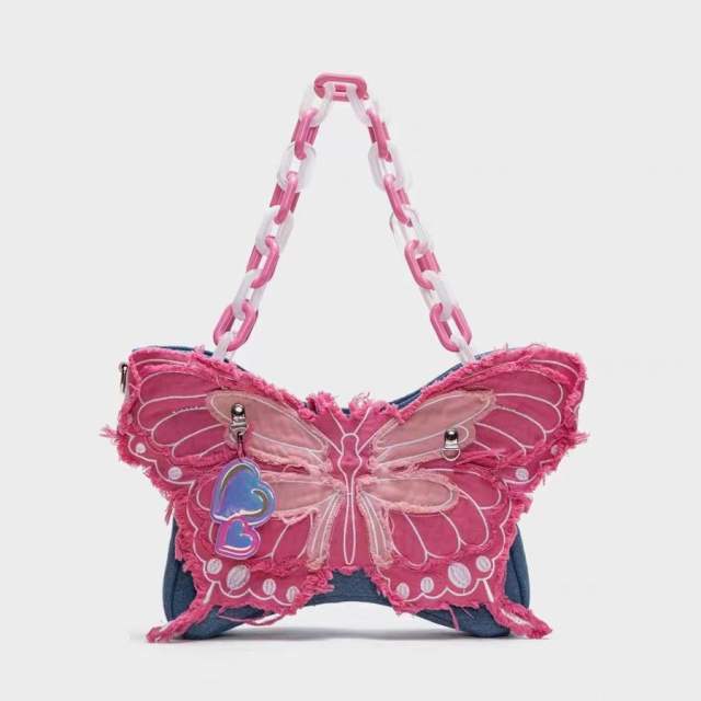 Creative pink butterfly denim material arcylic chain crossbody bag