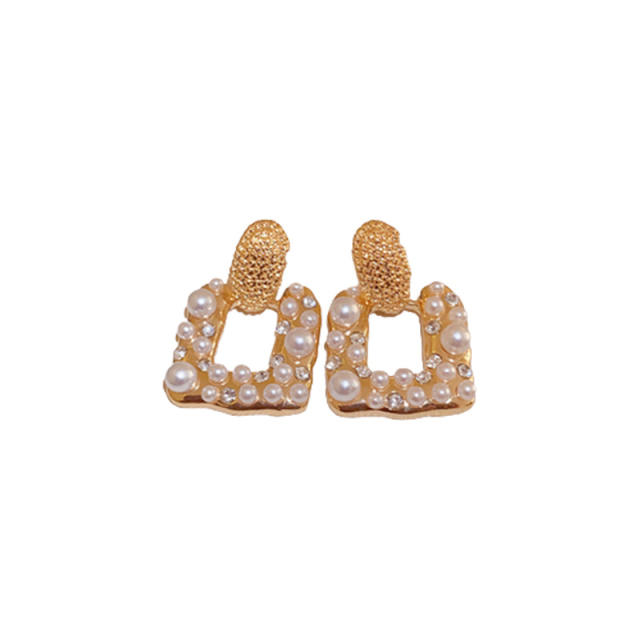 925 needle pearl bead geometric square women earrings