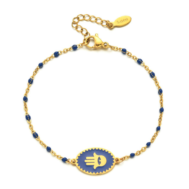 Boho color enamel bead hasma hand stainless steel bracelet