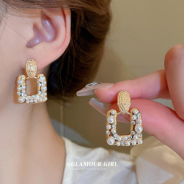 925 needle pearl bead geometric square women earrings