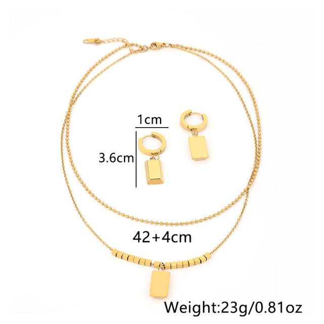14K geometric pendant two layer stainless steel necklace set