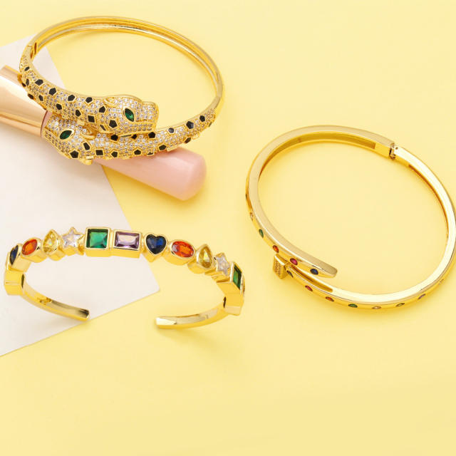 Chunky rainbow cubic zircon leopard gold plated copper cuff bangles