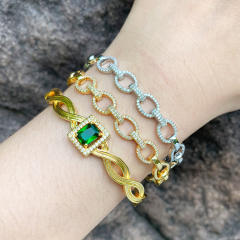 Geometric shape pave setting cubic zircon emerald gold plated copper cuff bangles