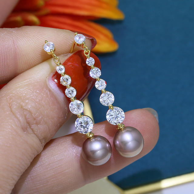 Elegant cubic zircon gray pearl dangle earrings