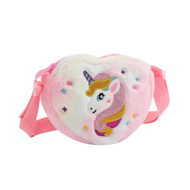 Winter fluffy heart shape unicorn crossbody bag for kids